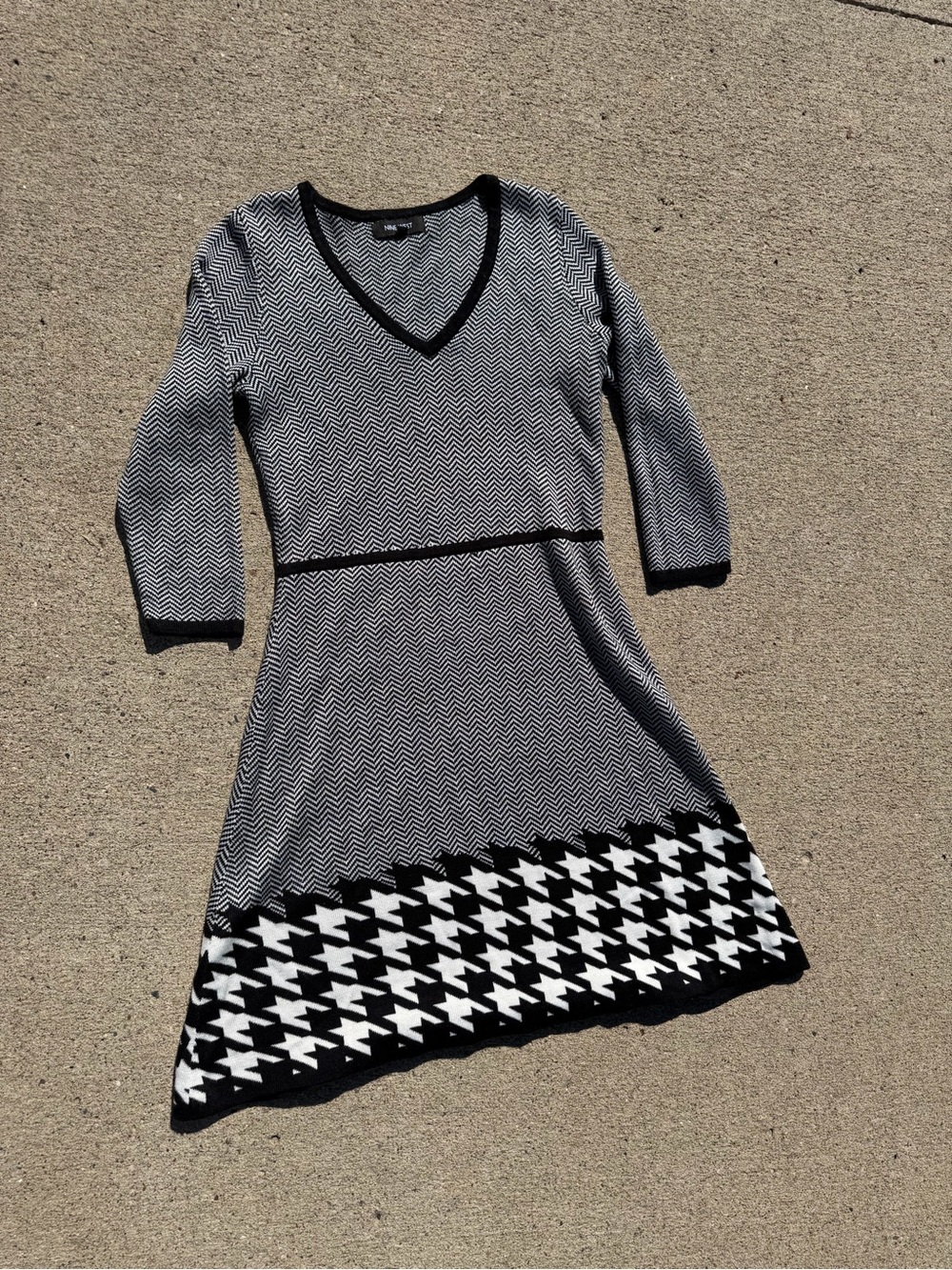 Nine West Black White Houndstooth Knit Fit & Flare Dress S